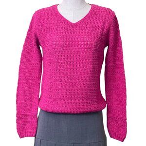 Vintage Ann Taylor Fuchsia Crochet Knit Linen Blend Vee Neck Sweater Top Size M